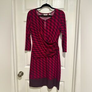 NY & Co Pink Black Geometric Dress Size M Ruched 3/4 Sleeve